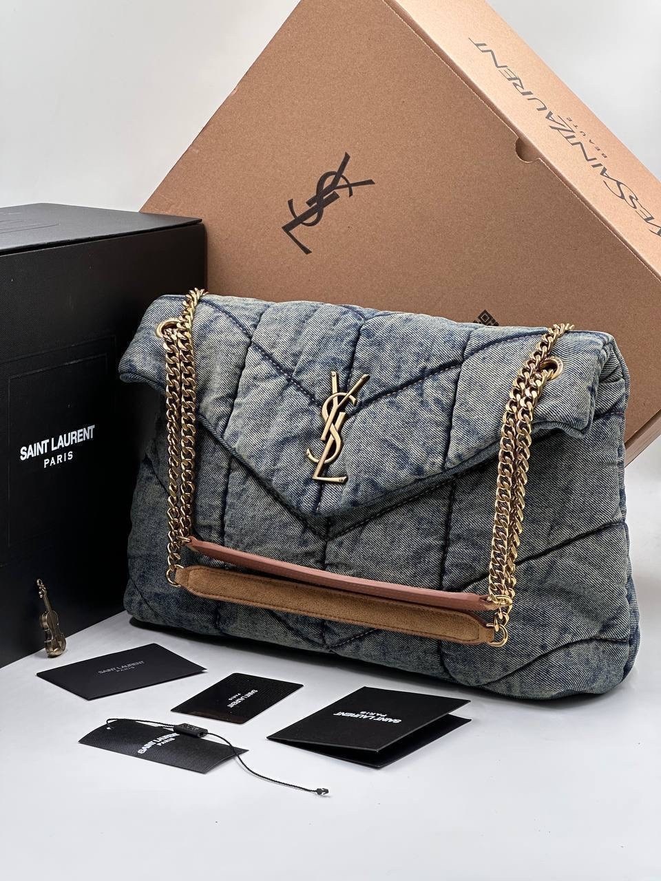сумка-пуффер на плечо с монограммой loulou ysl джинсовая,сумка ysl,сумка джинсовая ysl,сумка женская ysl,джинсовая сумка
