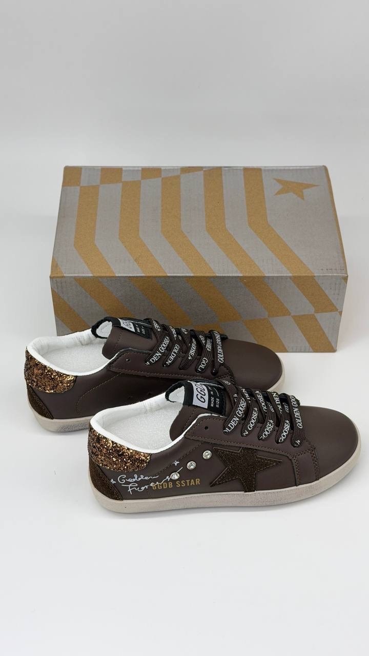 кеды golden goose,кеды golden goose женские,golden goose кроссовки super-star коричневый,кожаные низкие кеды с блестками superstar golden goose,