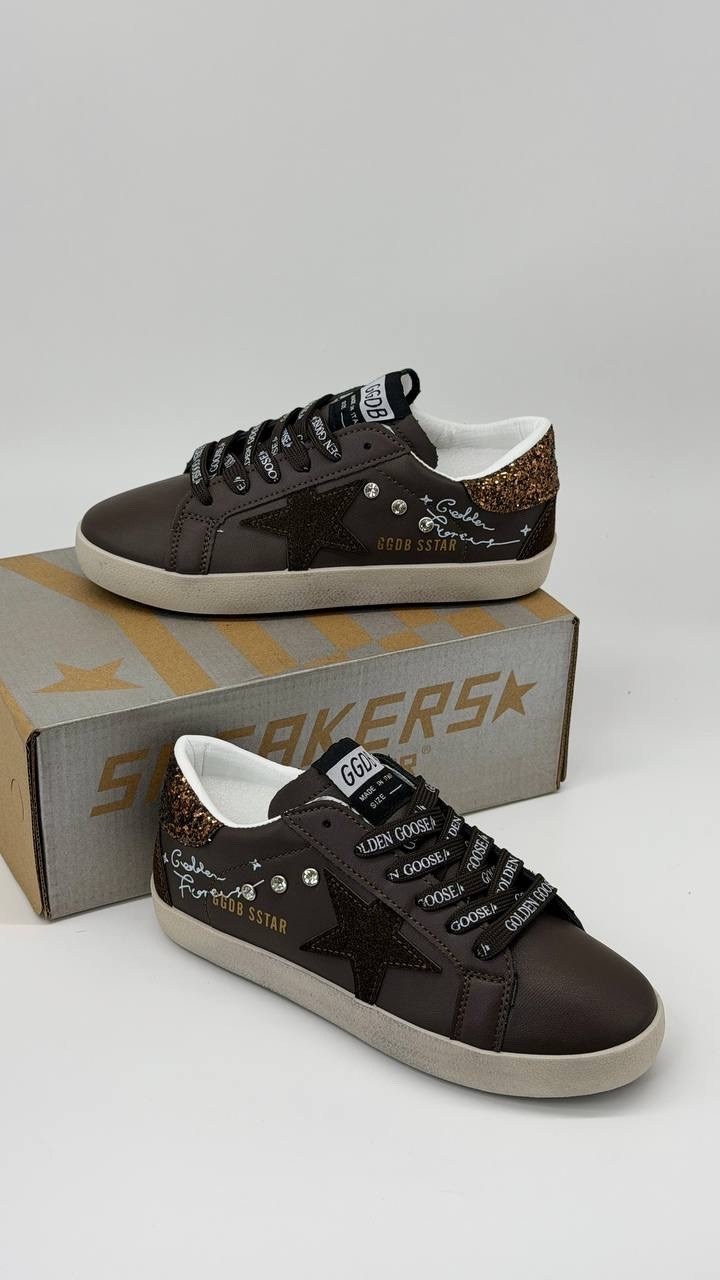 кеды golden goose,кеды golden goose женские,golden goose кроссовки super-star коричневый,кожаные низкие кеды с блестками superstar golden goose,