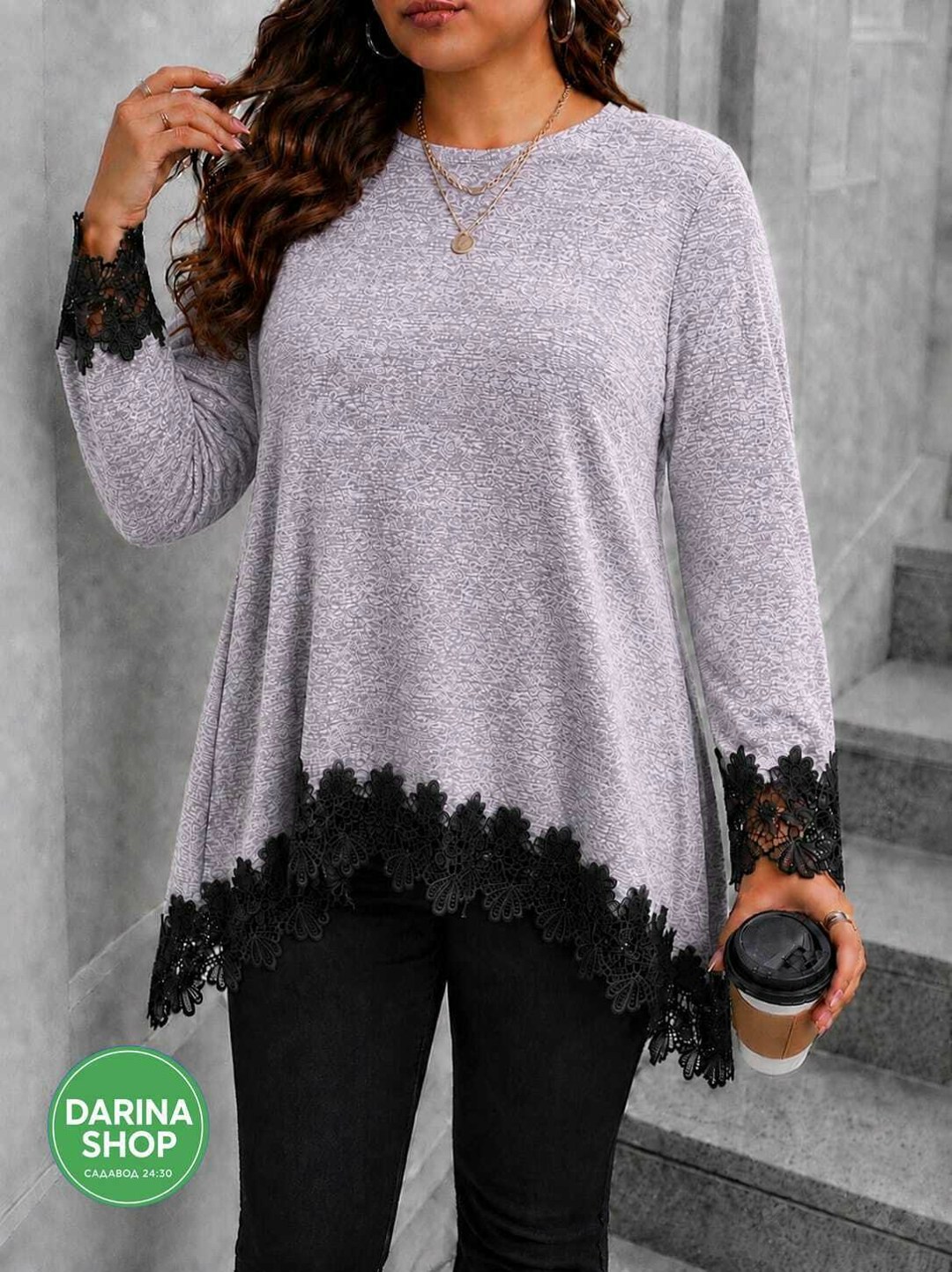 платье-туника для женщин серого цвета с кружевом,блузка туника,кофта женская,стильная кофта,туника женская