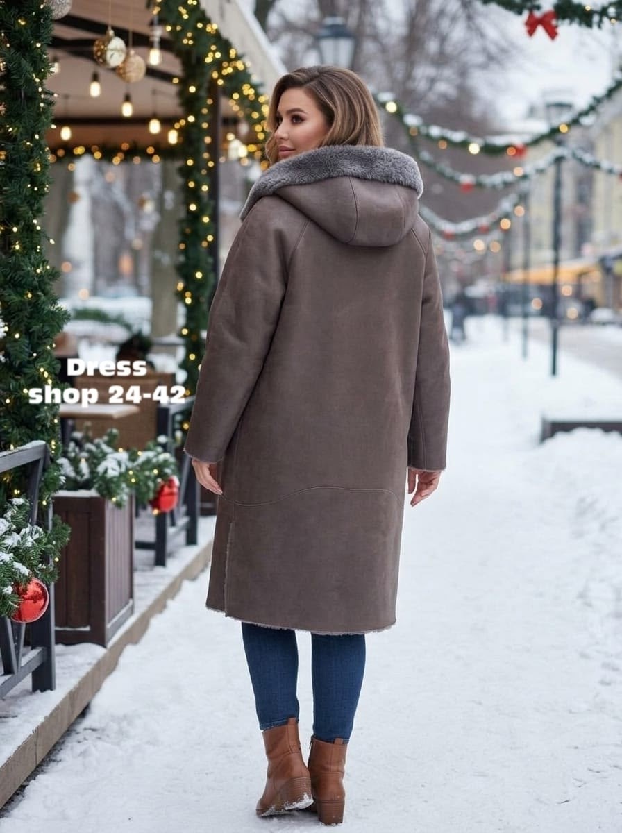 дубленка женская коричневая с капюшоном tr-1233 brown,женская двухсторонняя дубленка из эко замши с капюшоном,дубленка женская,дубленка женская из натуральной овчины с капюшоном,дубленка женская зимня