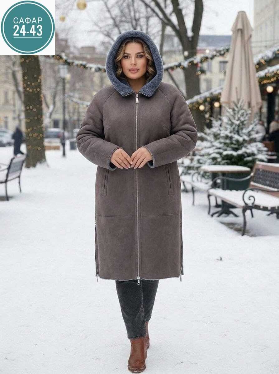дубленка женская коричневая с капюшоном tr-1233 brown,женская двухсторонняя дубленка из эко замши с капюшоном,дубленка женская,дубленка женская зимняя,дубленка зимняя