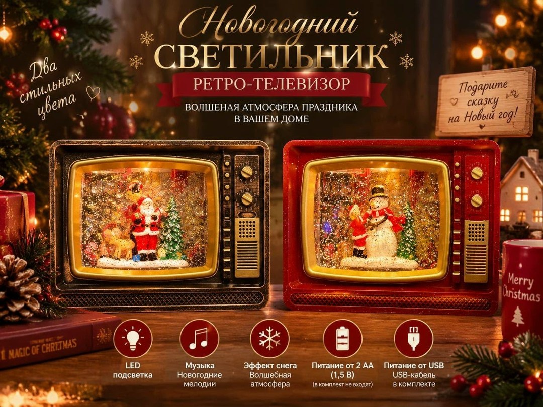 новогодний музыкальный светильник фонарь с подсветкой и снегом "ретро-телевизор" от comfort_zone,большой телевизор-ретро новогодний светильник фонарь музыка lemon bo 505903715,большой ретро-телевизор