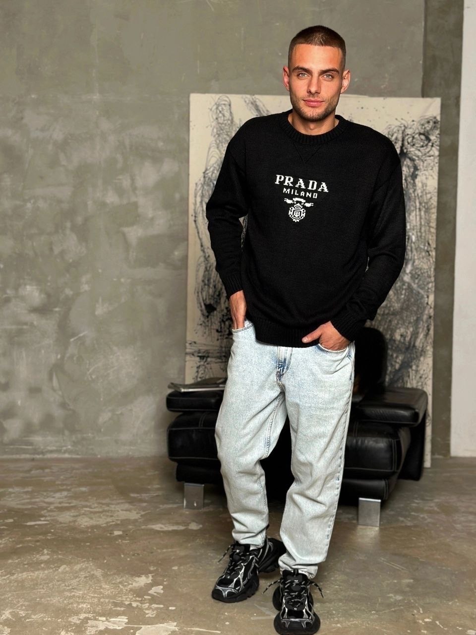 prada кашемировый джемпер с логотипом черный,prada свитер,мужской свитер,джемпер прада мужской,мужская кофта