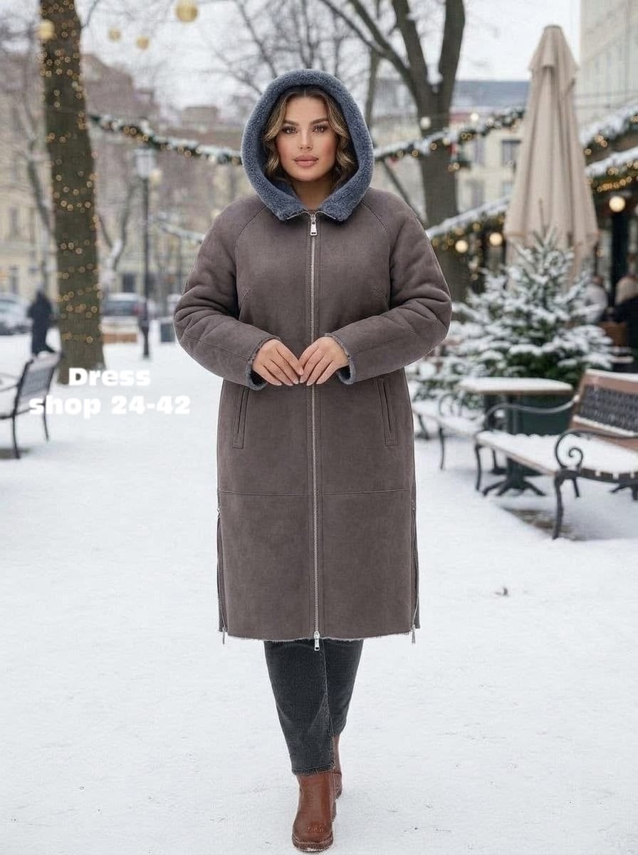 дубленка женская коричневая с капюшоном tr-1233 brown,женская двухсторонняя дубленка из эко замши с капюшоном,дубленка женская,дубленка женская из натуральной овчины с капюшоном,дубленка женская зимня
