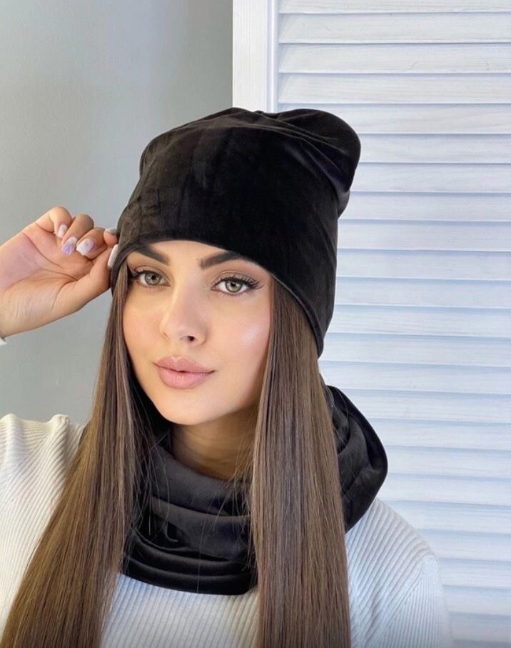 женская шапка со снудом,шапка бини,шапка бини со снудом,комплект шапка со снудом велюровый,шапка для женщин