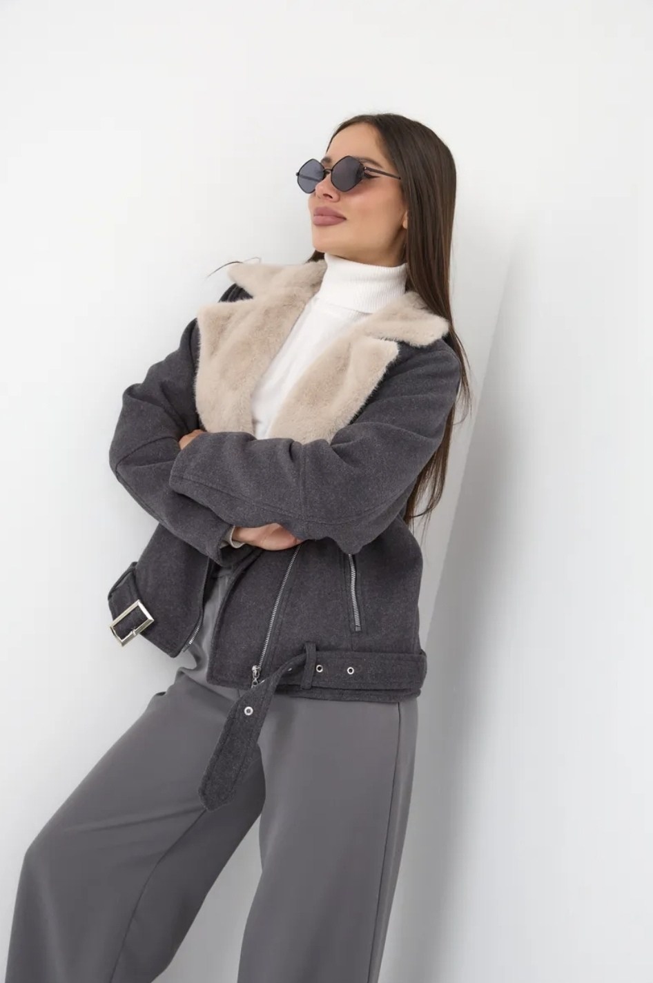 дубленка авиатор женская зима 2025 monywear,дубленка женская,куртка оверсайз,дубленка,дубленка серая