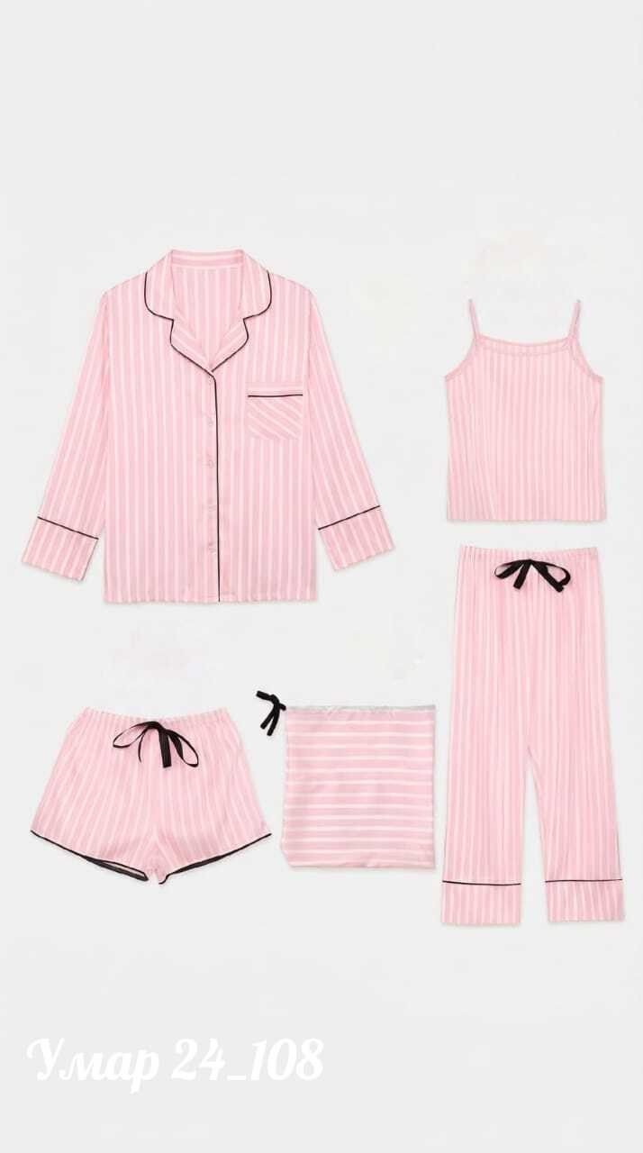 атласный пижамный комплект из 7 предметов в розовую полоску for you moda,пижама женская комплект,комплект пижамы для девушек из 7 предметов,,пижама женская