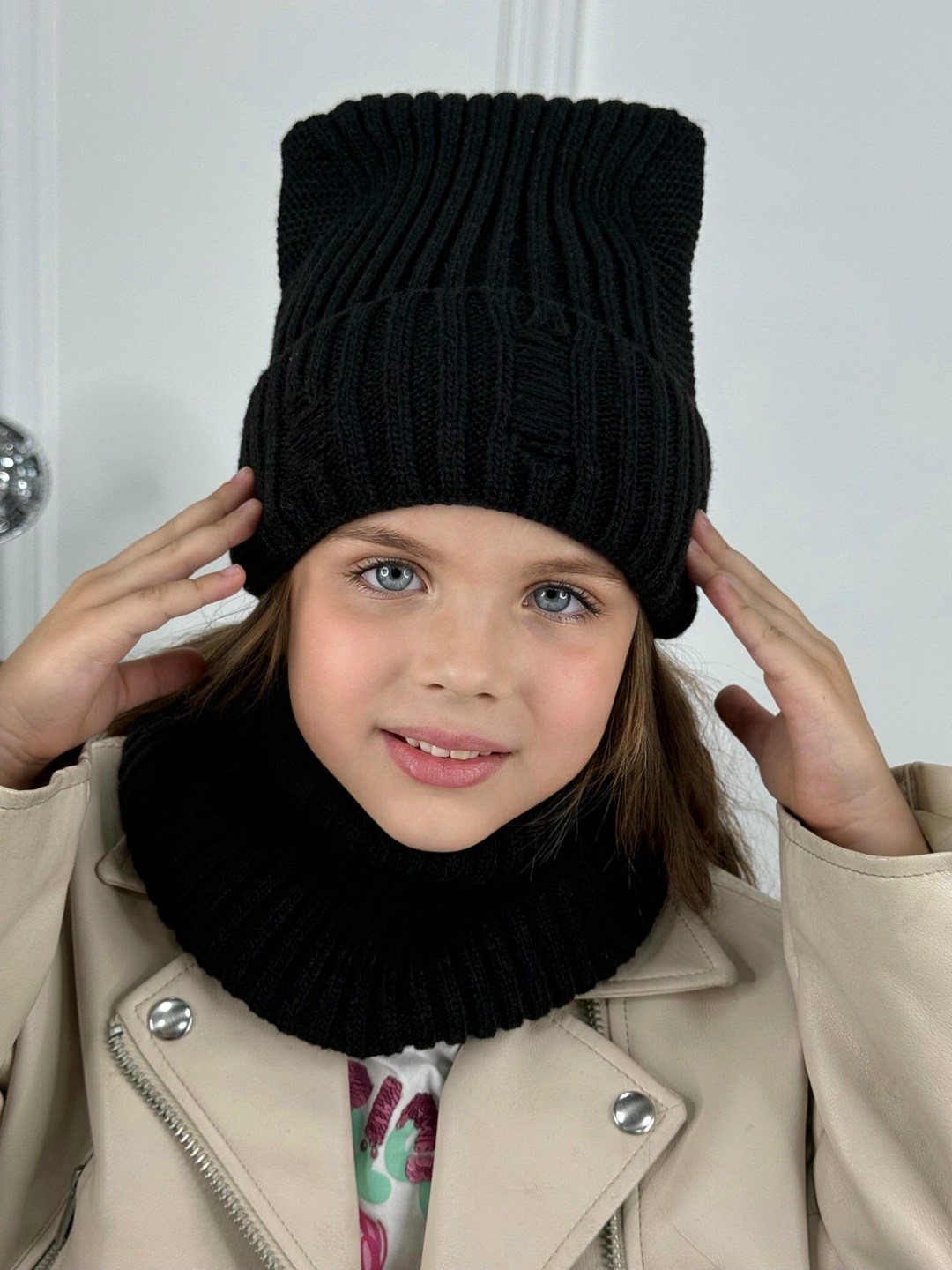 шапка хлопок кошки и снуд anya kids цвет черный,шапка хлопок кошки и снуд anya kids 247060440,шапка хлопок кошки и снуд anya kids,шапка со снудом для девочек,комплект шапка и снуд для девочек