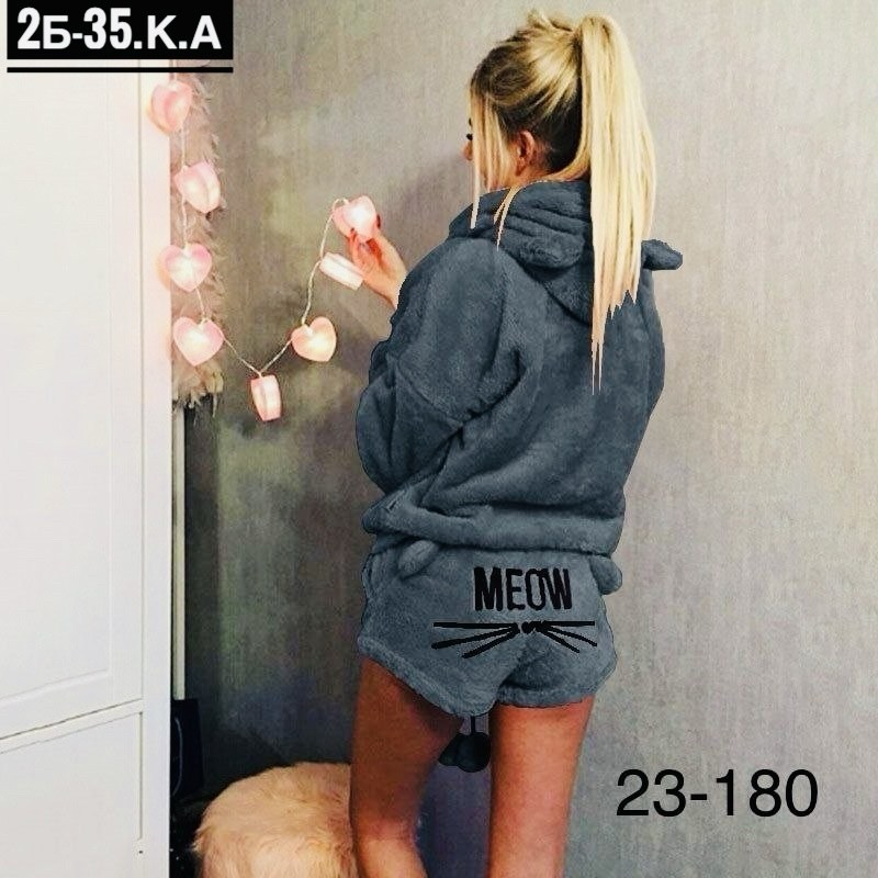 теплая пижама с шортами,пижама махровая женская meow,плюшевая пижама meow,теплая пижама,женская пижама