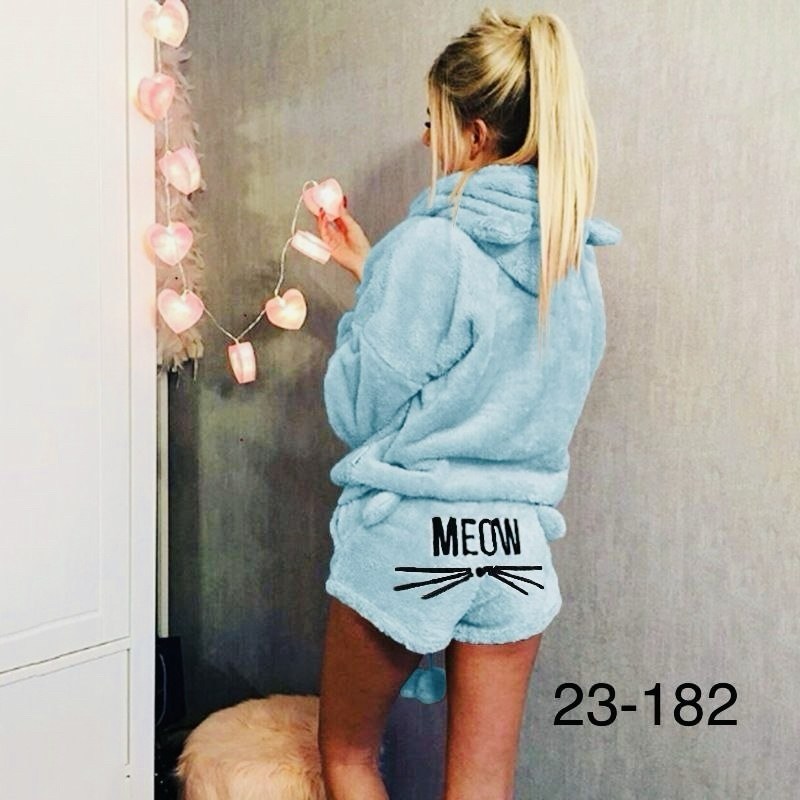 теплая пижама с шортами,пижама махровая женская meow,плюшевая пижама meow,теплая пижама,женская пижама