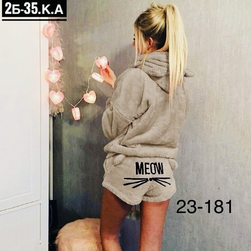 теплая пижама с шортами,пижама махровая женская meow,плюшевая пижама meow,теплая пижама,женская пижама
