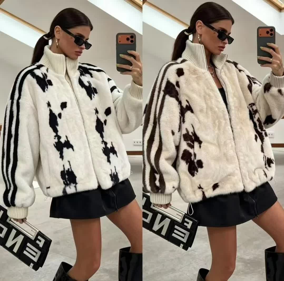 куртка меховая,корейская зимняя новая модная куртка harajuku с принтом коровы,теплая куртка,куртка из искусственного меха,куртка женская