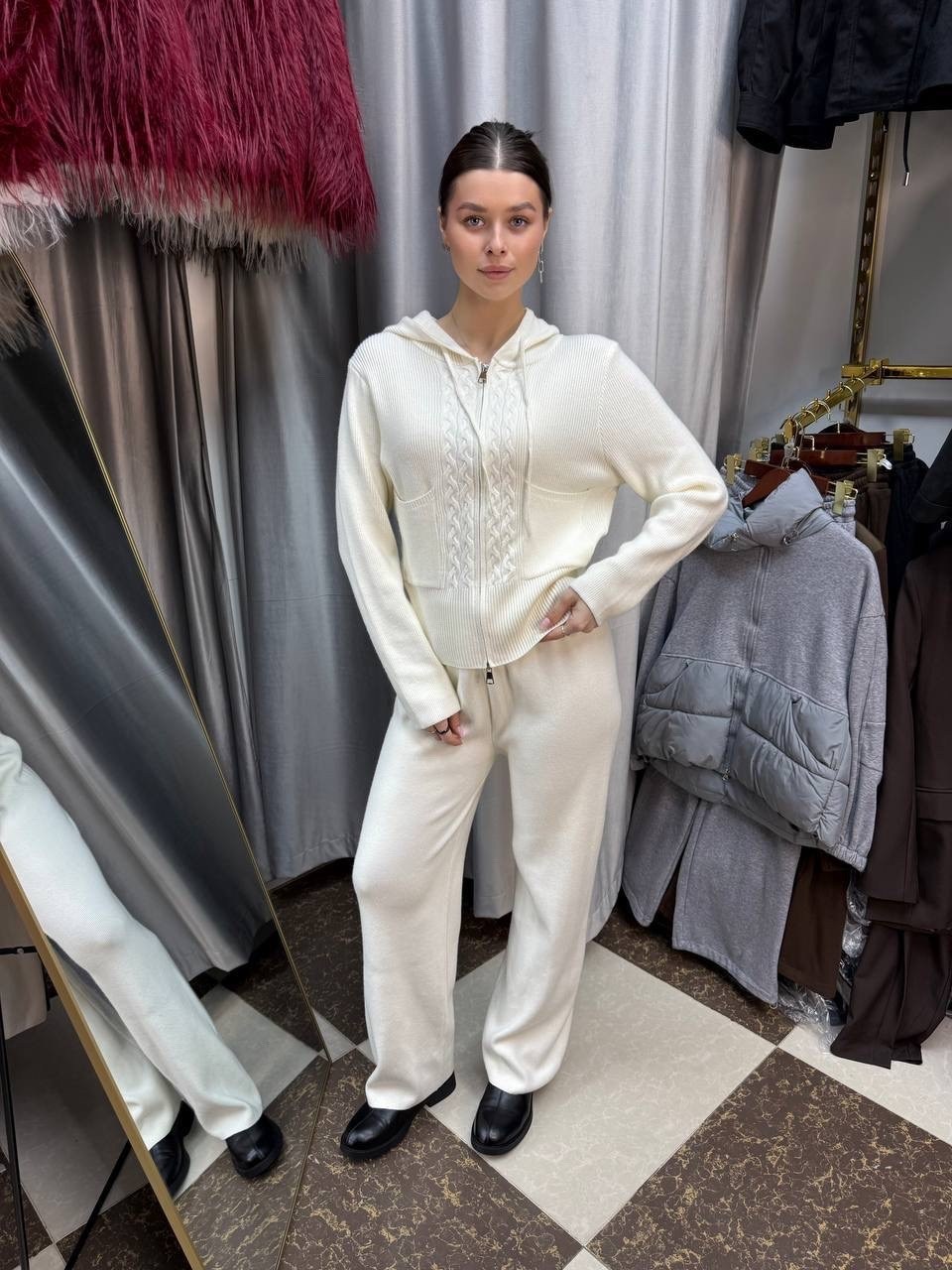 кашемировый костюм с капюшоном loro piana,женский свитер с капюшоном на молнии молочный,костюм с джемпером,кашемировый костюм с капюшоном женский копии люкс лора пьяно,женский костюм loro piana 2026 м