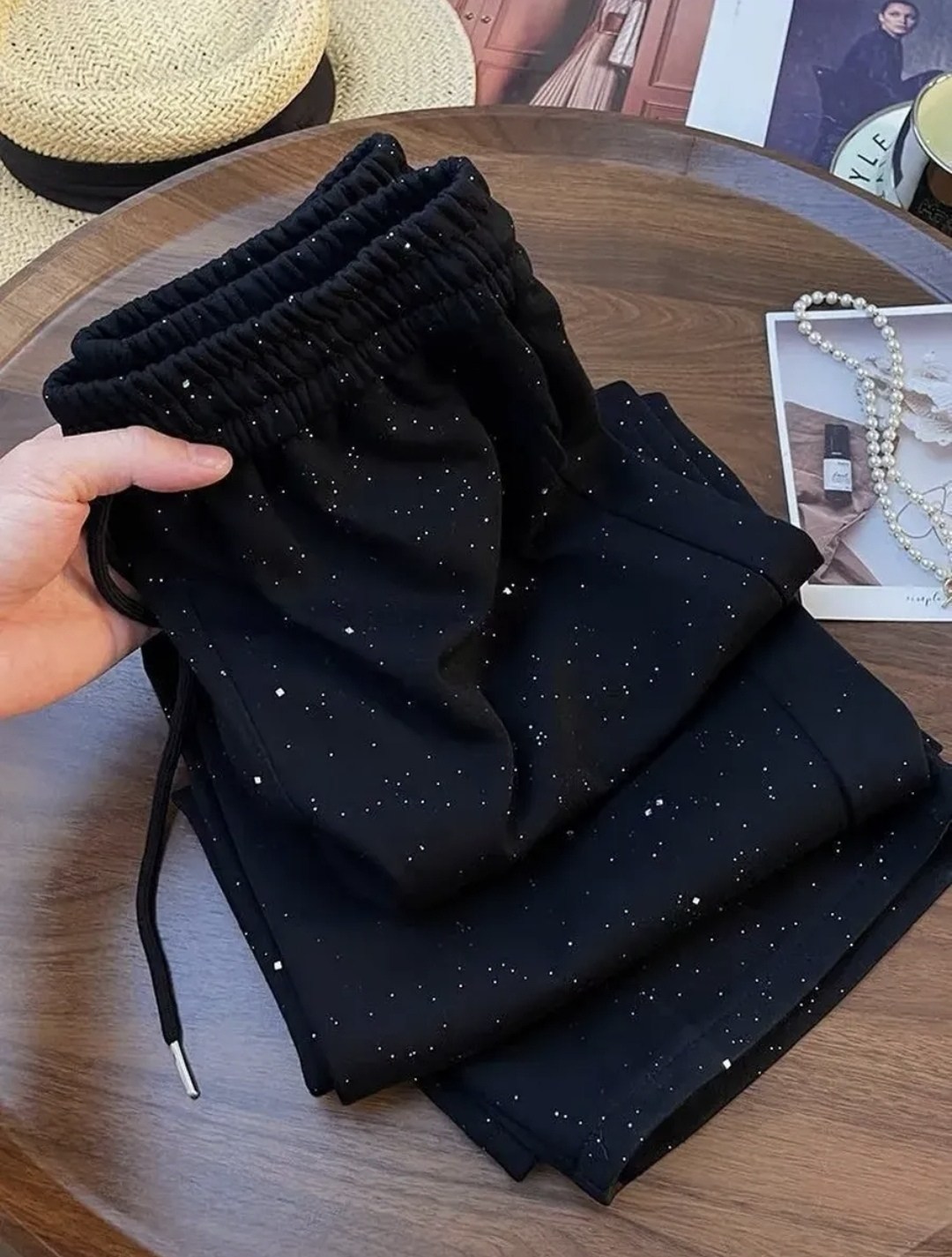 женские широкие брюки starry sky ice silk с высокой талией,женские блестящие повседневные брюки starry sky с высокой талией,брюки со звездами,блестящие брюки из полиэстера,штаны люрекс