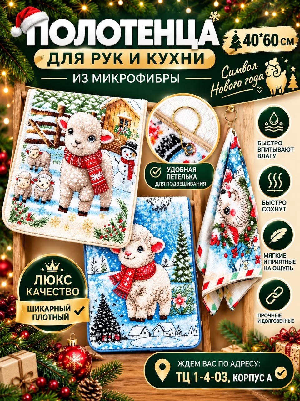 новогоднее полотенце,полотенца для кухни,набор полотенец из микрофибры с петелькой 40х60,новогодние полотенца кухонные,полотенца из микрофибры