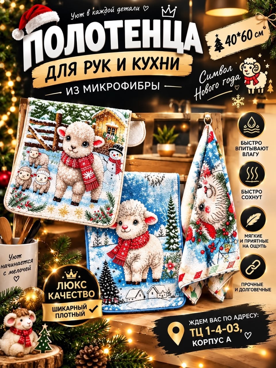 новогоднее полотенце,полотенца для кухни,набор полотенец из микрофибры с петелькой 40х60,новогодние полотенца кухонные,полотенца из микрофибры
