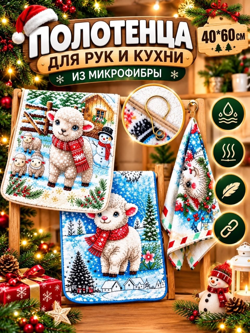 новогоднее полотенце,полотенца для кухни,набор полотенец из микрофибры с петелькой 40х60,новогодние полотенца кухонные,полотенца из микрофибры