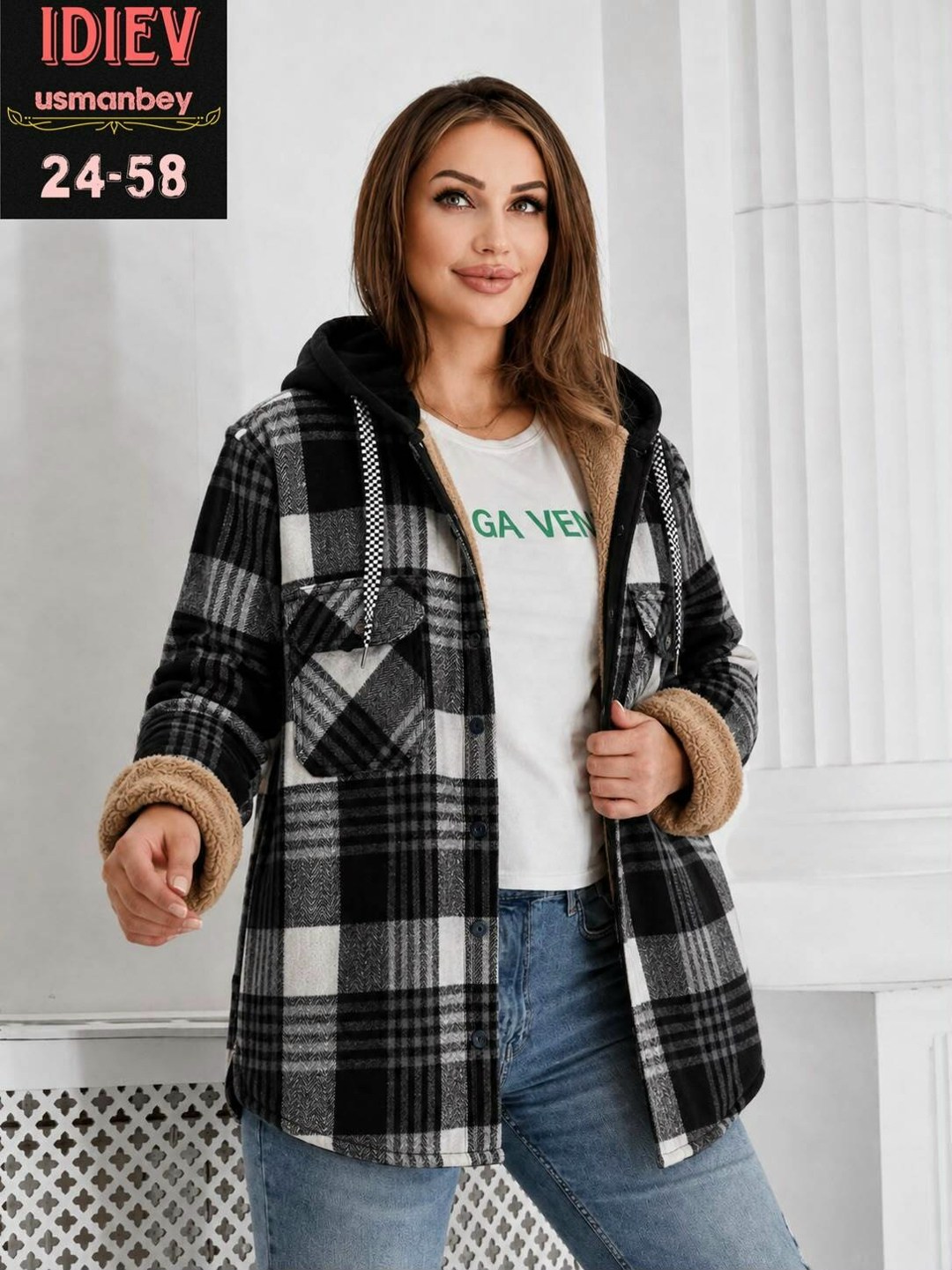 худи оверсайз теплая в клетку удлиненная roza fashion,кофта женская,рубашка с капюшоном,куртка женская,рубашка на меху