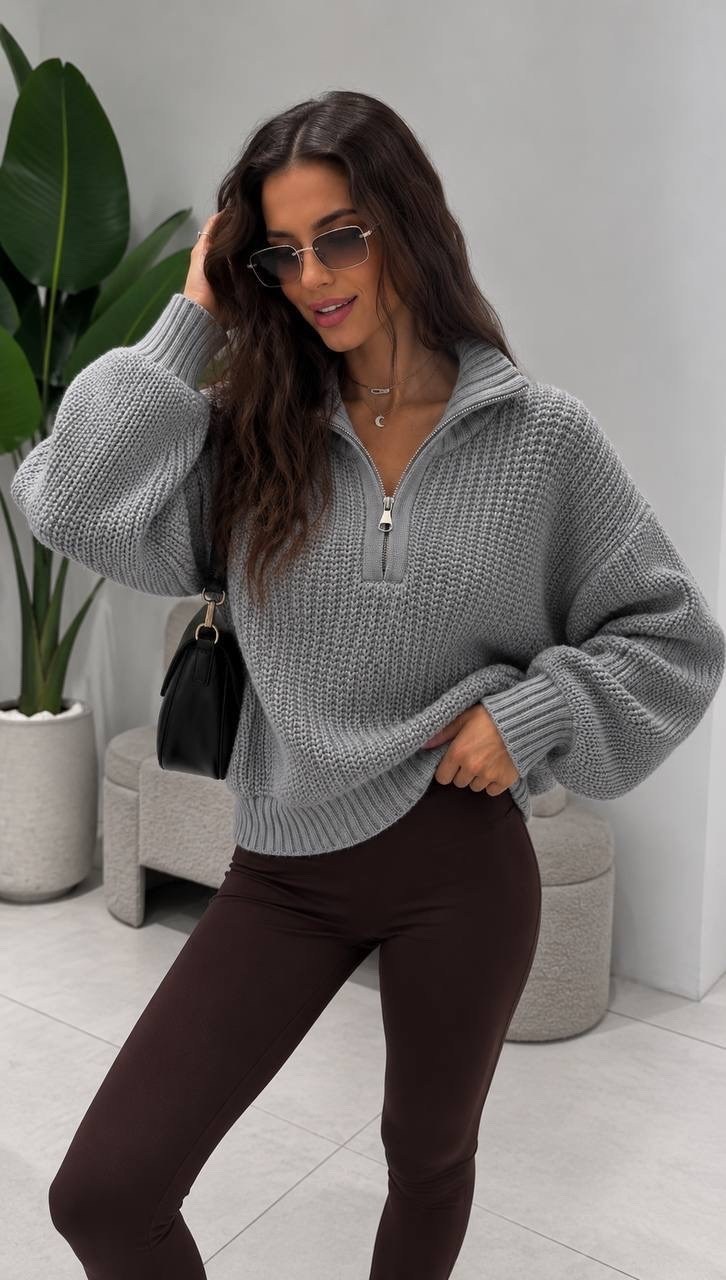 свитер с горлом на молнии оверсайз vada,вязаные свитера,модные свитера,свитер с замком,женский свитер