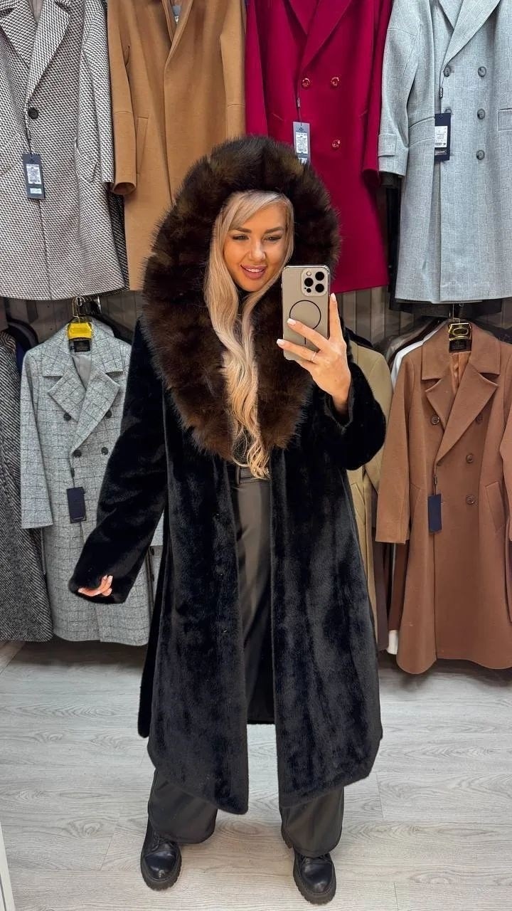 удлинённая шуба из экомеха,женская шуба,шуба женская pdonna 8024879 черная 56 ru,норковая шуба,норковая шуба с капюшоном
