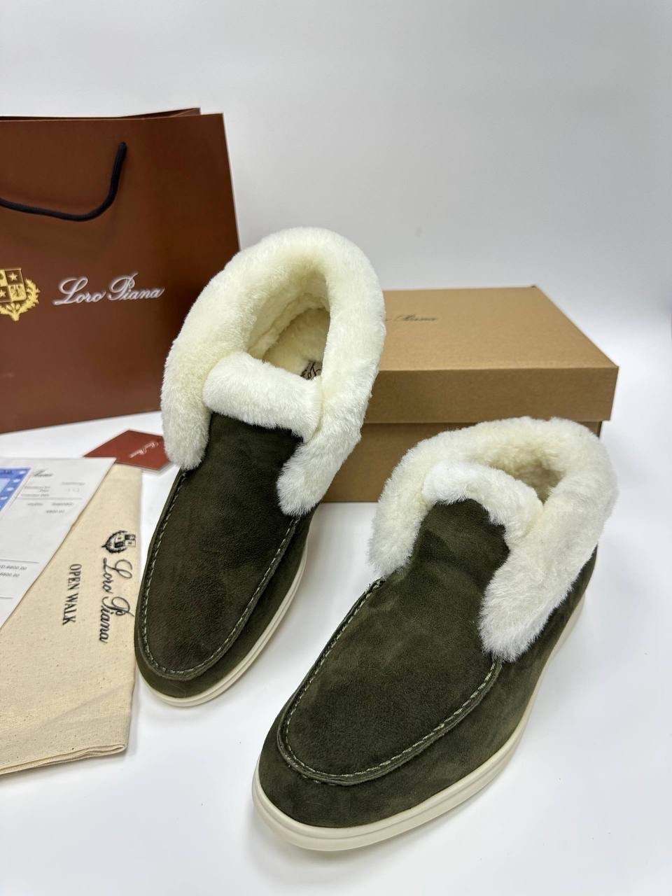зимние замшевые ботинки loro piana open walk хаки с мехом,ботинки loro piana,лоферы loro piana,зимние ботинки loro piana open walk замшевые с мехом,лоферы зимние loro piana