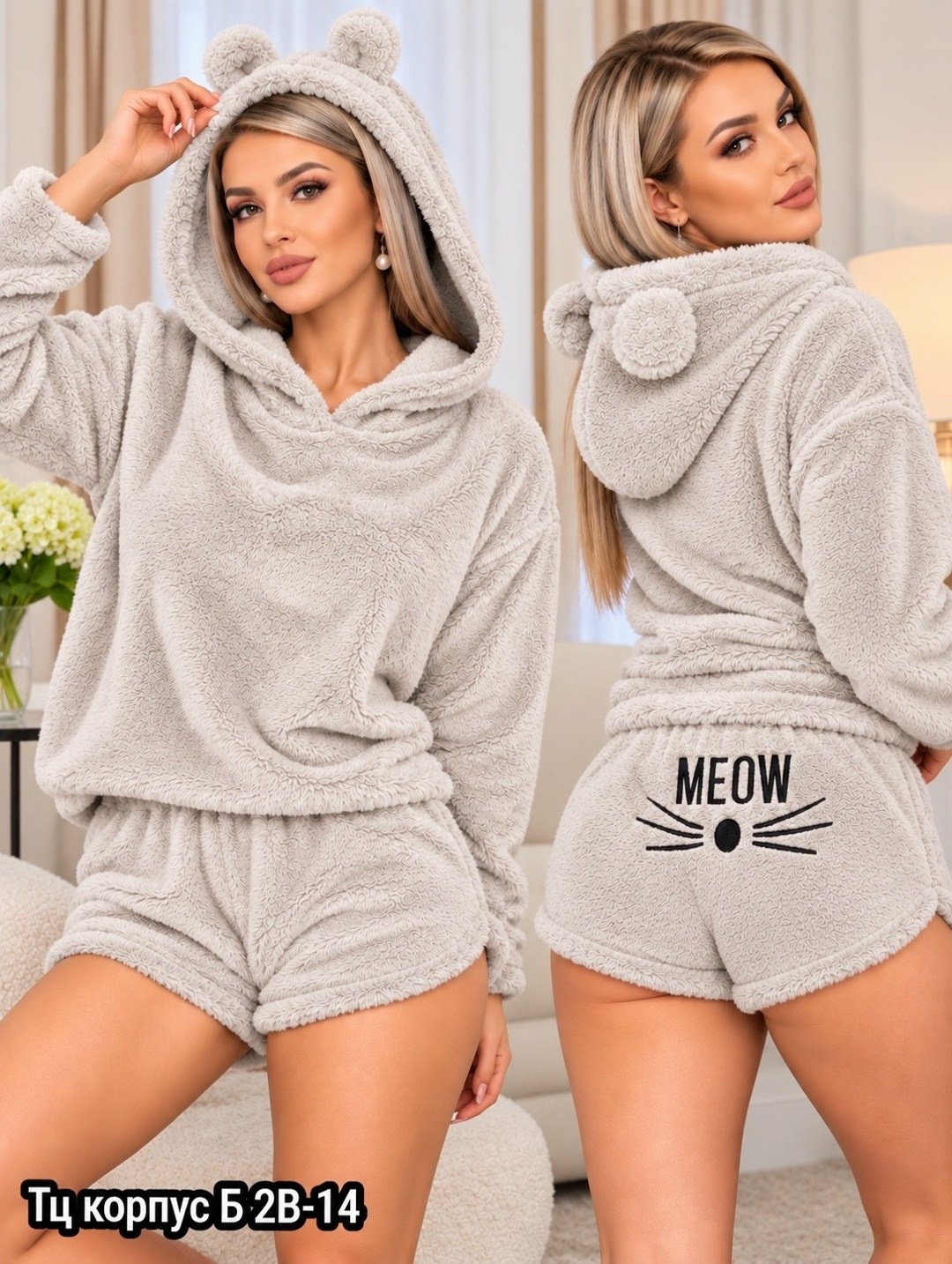 пижама женская с шортами теплая домашняя плюшевая n&d underwear,пижама с капюшоном,плюшевая пижама женская с шортами,пижама женская,теплая пижама