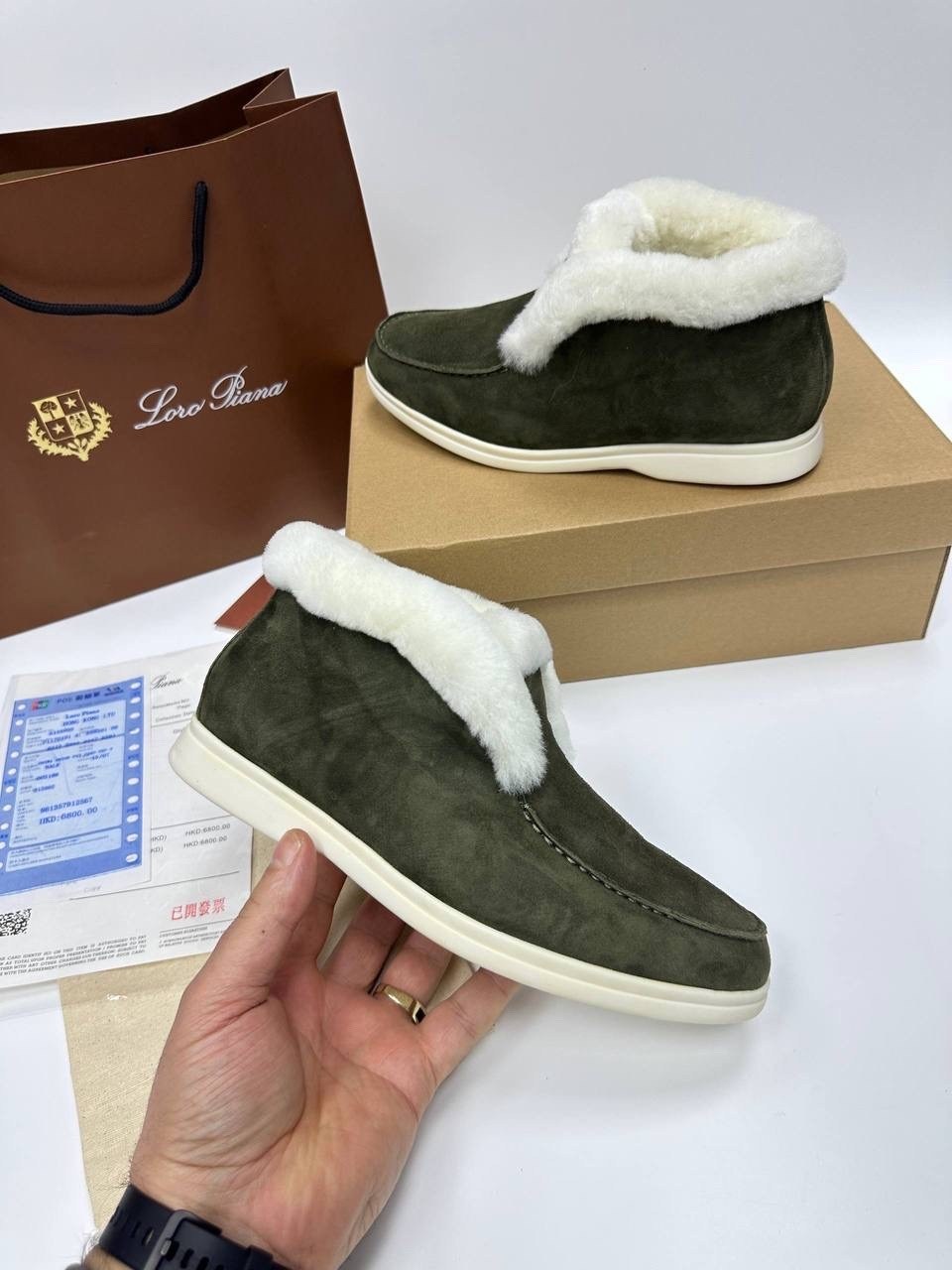 зимние замшевые ботинки loro piana open walk хаки с мехом,ботинки loro piana,лоферы loro piana,зимние ботинки loro piana open walk замшевые с мехом,лоферы зимние loro piana