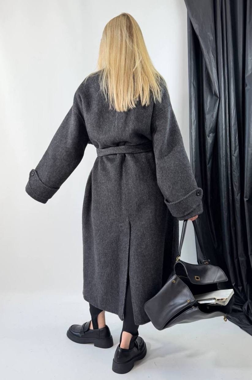 пальто оверсайз,серое oversize пальто под пояс,пальто демисезонное шерстяное длинное оверсайз,стильное пальто,пальто женское
