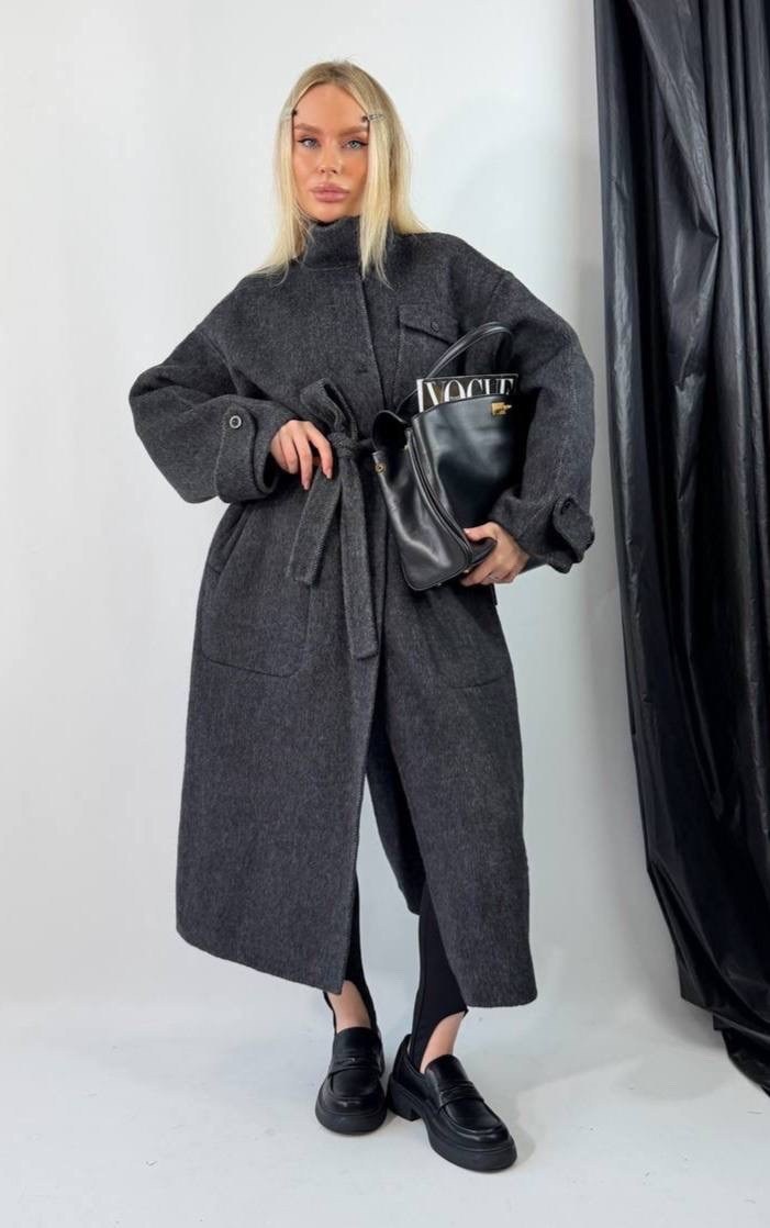пальто оверсайз,серое oversize пальто под пояс,пальто демисезонное шерстяное длинное оверсайз,стильное пальто,пальто женское