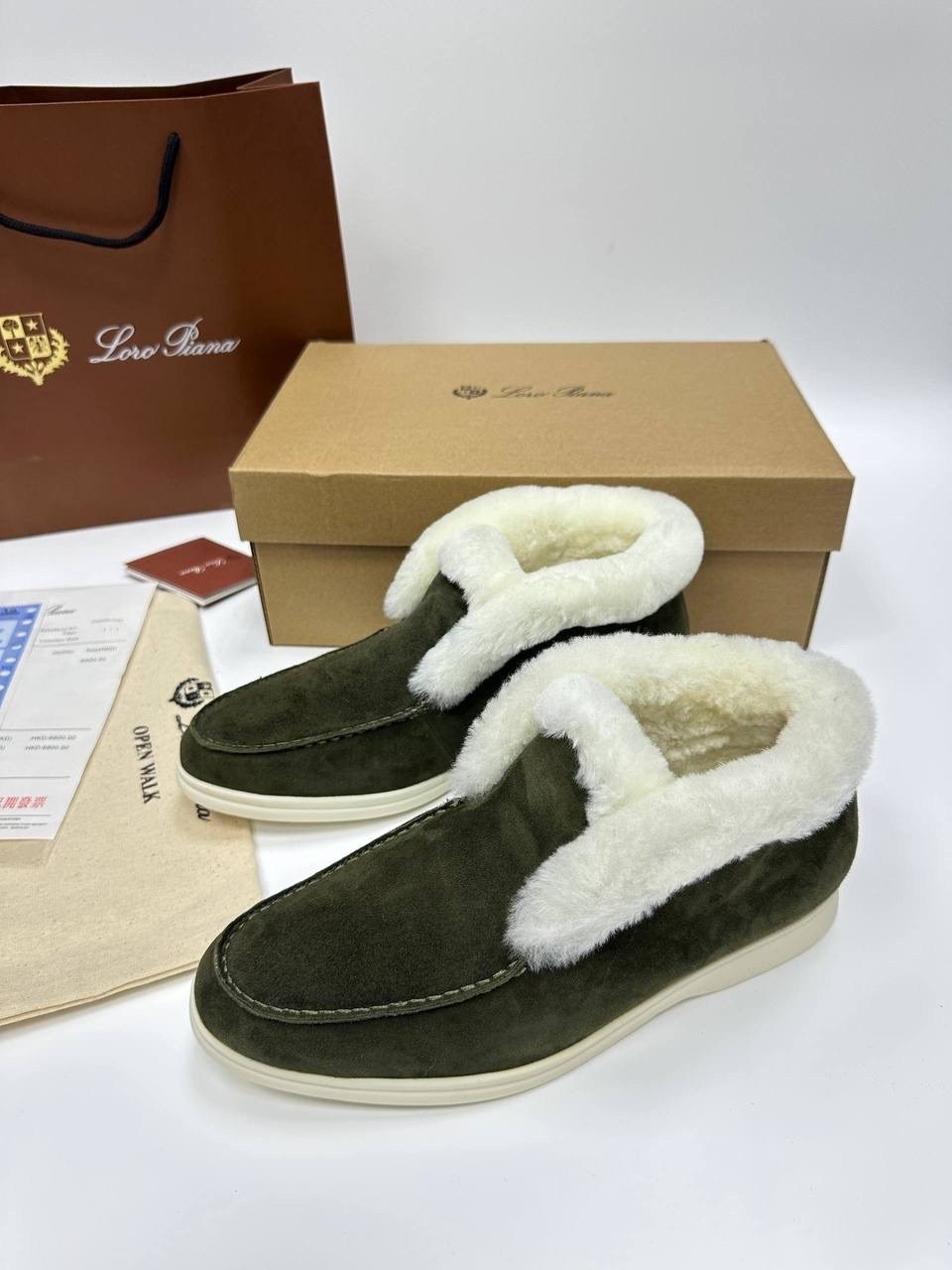 зимние замшевые ботинки loro piana open walk хаки с мехом,ботинки loro piana,лоферы loro piana,зимние ботинки loro piana open walk замшевые с мехом,лоферы зимние loro piana