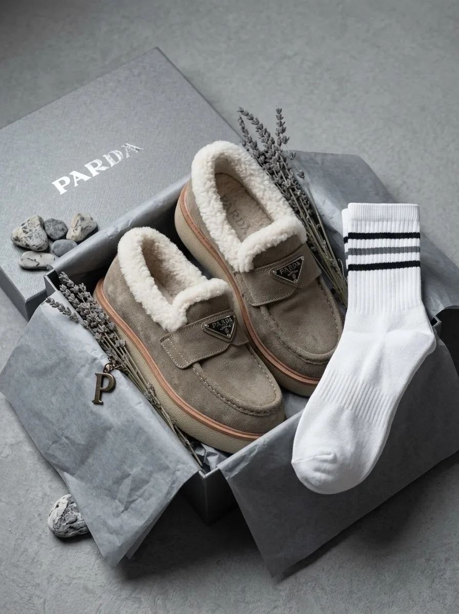 лоферы prada,,женские зимние лоферы,туфли-лоферы женские prada a131269 замшевые зимние с мехом серые,женские брендовые зимние лоферы