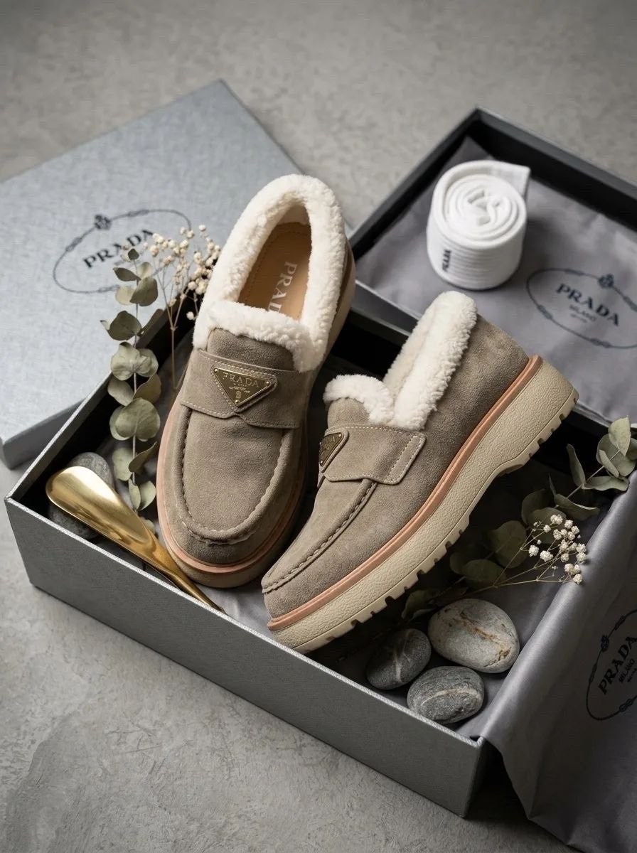 лоферы prada,,женские зимние лоферы,туфли-лоферы женские prada a131269 замшевые зимние с мехом серые,женские брендовые зимние лоферы