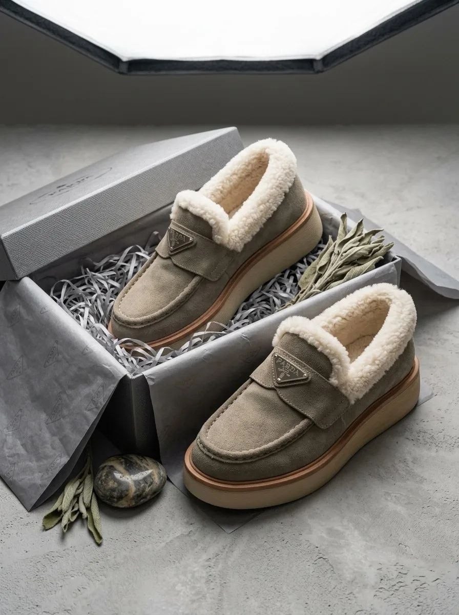 лоферы prada,,женские зимние лоферы,туфли-лоферы женские prada a131269 замшевые зимние с мехом серые,женские брендовые зимние лоферы