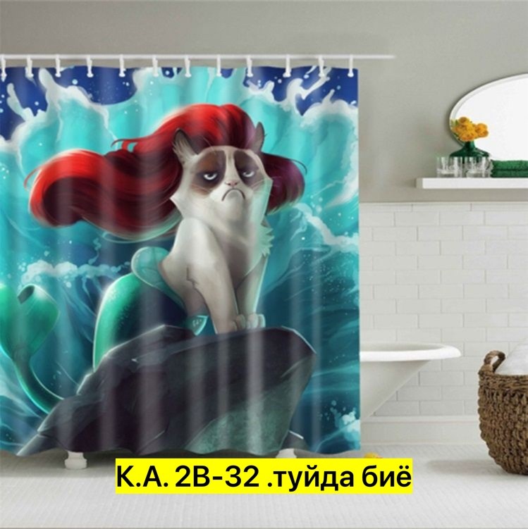 грампи кэт шторки для ванны,занавеска для ванной,шторка для ванной,шторка для ванной кот русалка,штора для ванны grumpy cat