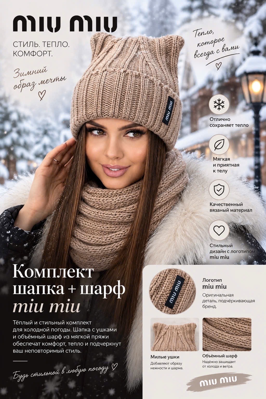 шапка бини и шарф miu miu зимний комплект,комплект шапки,комплект шапка с шарфом,комплект зимняя шапка с шарфом aruuke,шапка с шарфом зимняя