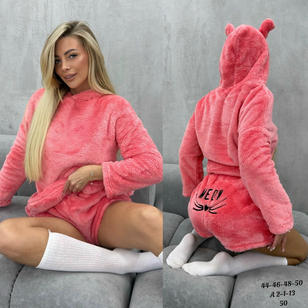 пижама плюшевая с шортами и худи h&k fashion,пижама с капюшоном,теплая пижама с шортами,пижама плюшевая,плюшевая пижама meow