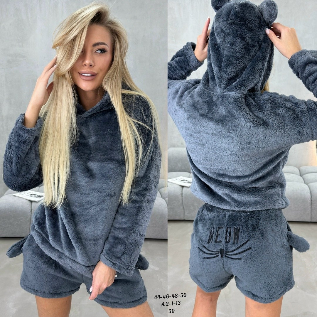 пижама плюшевая с шортами и худи h&k fashion,пижама с капюшоном,теплая пижама с шортами,пижама плюшевая,плюшевая пижама meow