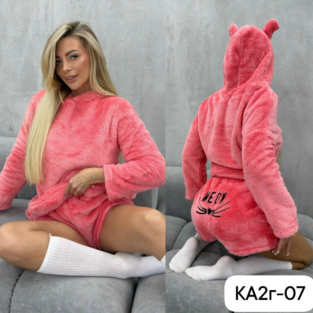 пижама плюшевая с шортами и худи h&k fashion,пижама с капюшоном,пижама комплект,женская пижама,плюшевая пижама meow