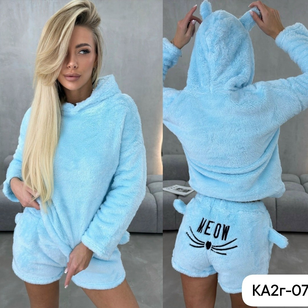 пижама плюшевая с шортами и худи h&k fashion,пижама с капюшоном,пижама комплект,женская пижама,плюшевая пижама meow
