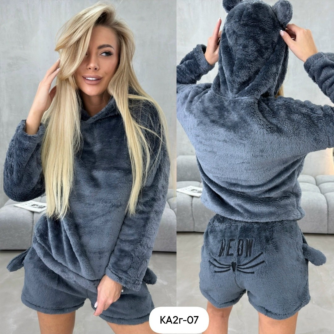 пижама плюшевая с шортами и худи h&k fashion,пижама с капюшоном,пижама комплект,женская пижама,плюшевая пижама meow