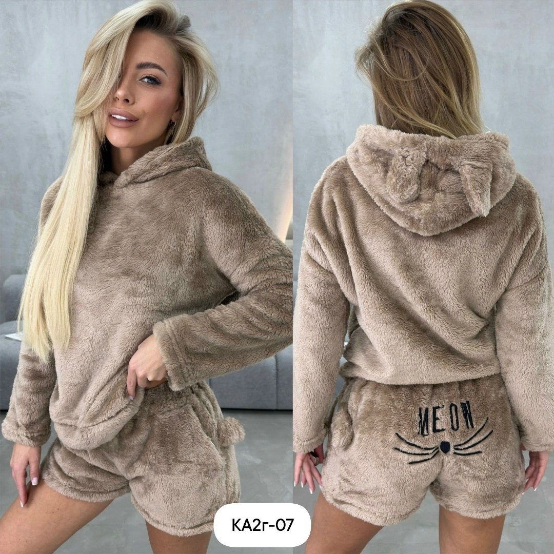пижама плюшевая с шортами и худи h&k fashion,пижама с капюшоном,пижама комплект,женская пижама,плюшевая пижама meow