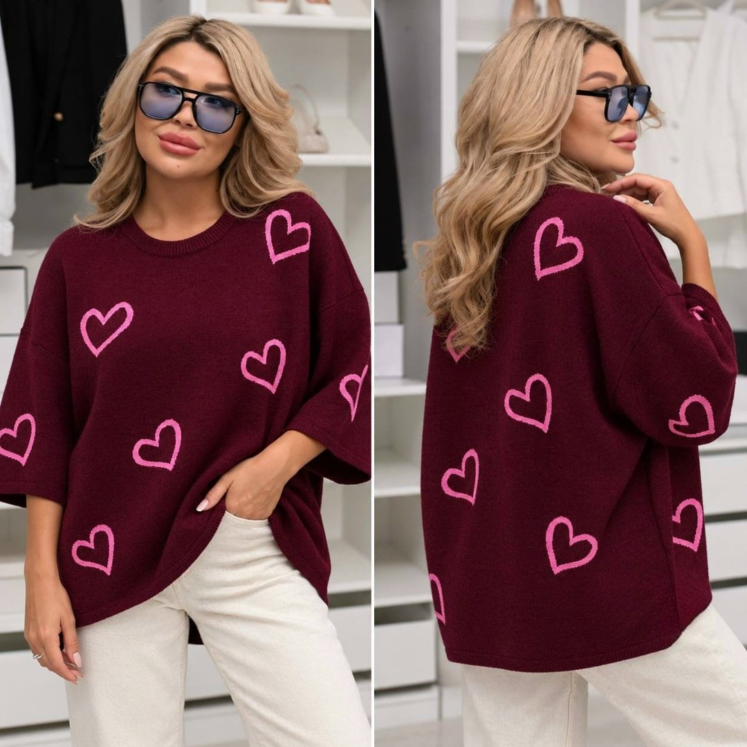 свитер вязаный оверсайз с притом 3d с сердцем кк fashion,кофта женская,джемпер оверсайз,свитер,женский свитер