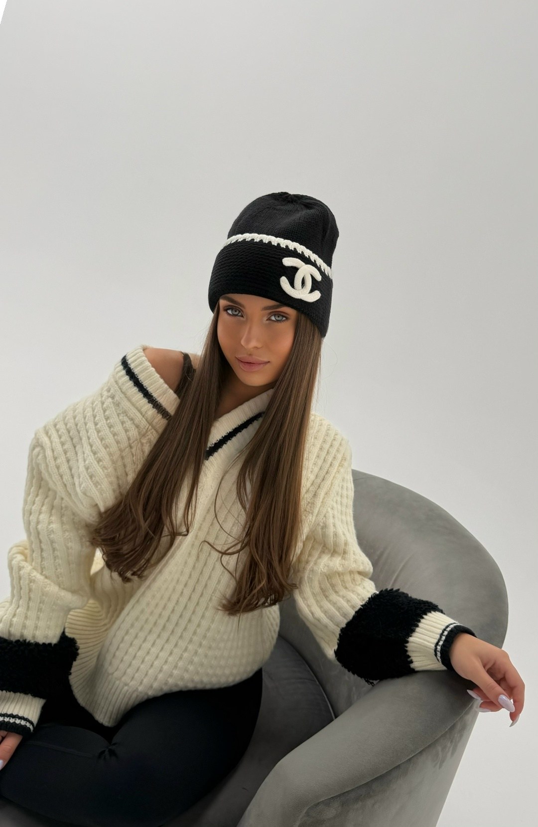 модная вязаная шапка в стиле chanel copy 1:1,шапка теплая с отворотом с флисом брендовая joypiece 556751411,вязаная шапка в стиле шанель,шапка chanel,вязаные шапки