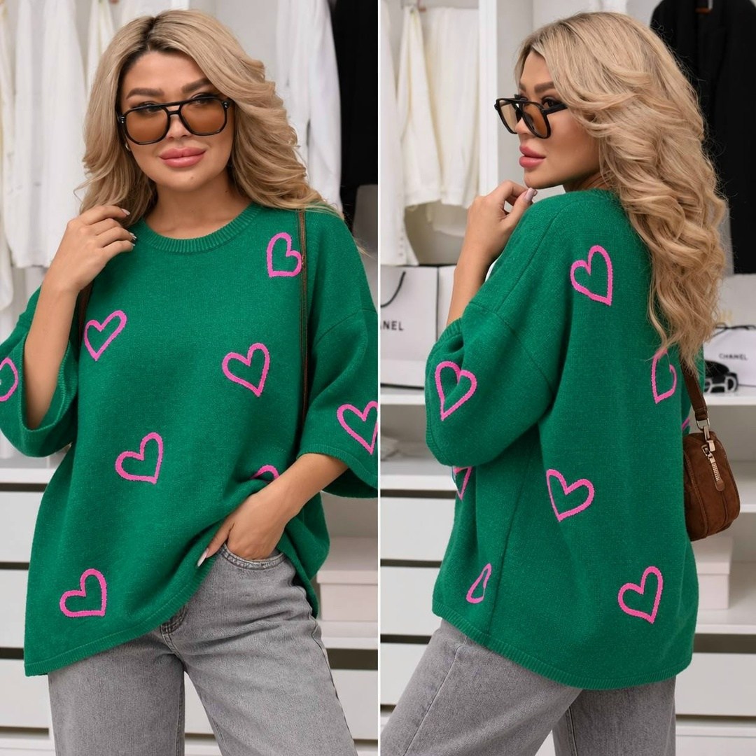 свитер вязаный оверсайз с притом 3d с сердцем кк fashion,кофта женская,джемпер оверсайз,свитер,женский свитер