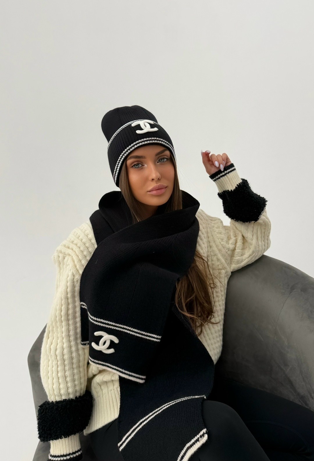 шапка chanel,шапка шанель,шарф chanel,шапка chanel pre-owned для женщин,chanel черная кашемировая шапка для женщин
