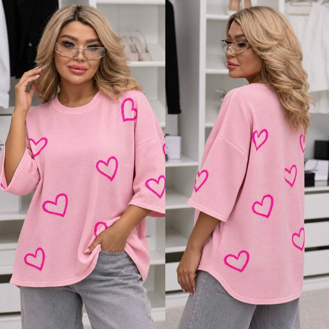 свитер вязаный оверсайз с притом 3d с сердцем кк fashion,кофта женская,джемпер оверсайз,свитер,женский свитер