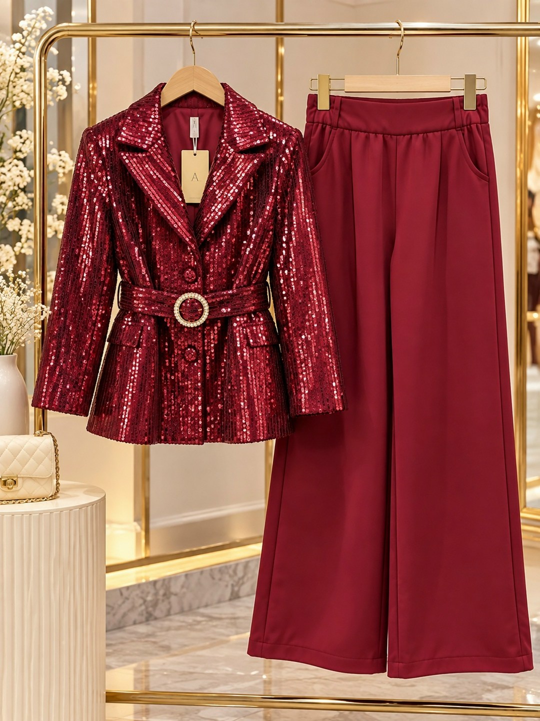 брюки с пайетками,элегантные модные блестящие женские брюки с блестками,образ с брюками палаццо с пайетками,блестящий женский костюм из блестящих атласных брюк, блейзер + брюки,брючный костюм с пайетк