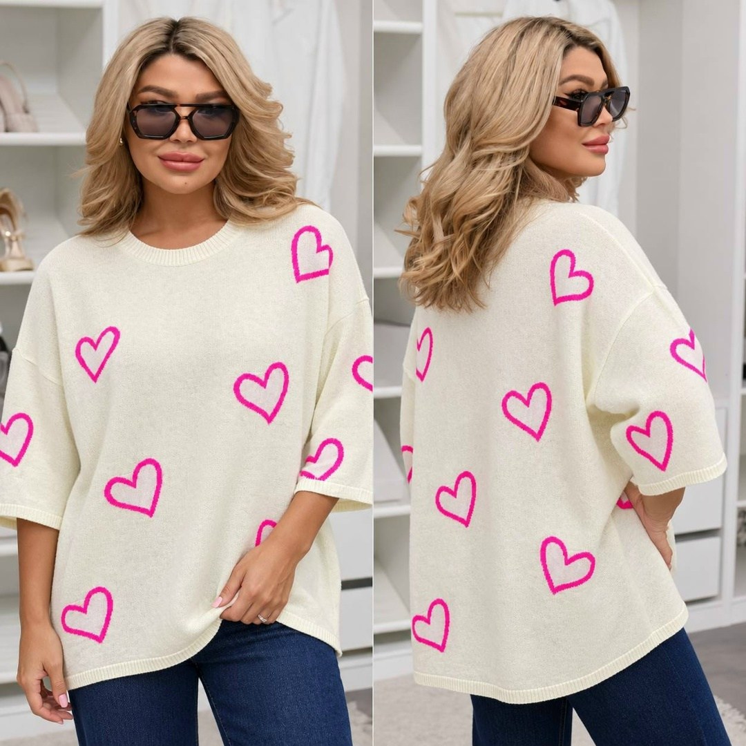 свитер вязаный оверсайз с притом 3d с сердцем кк fashion,кофта женская,джемпер оверсайз,свитер,женский свитер