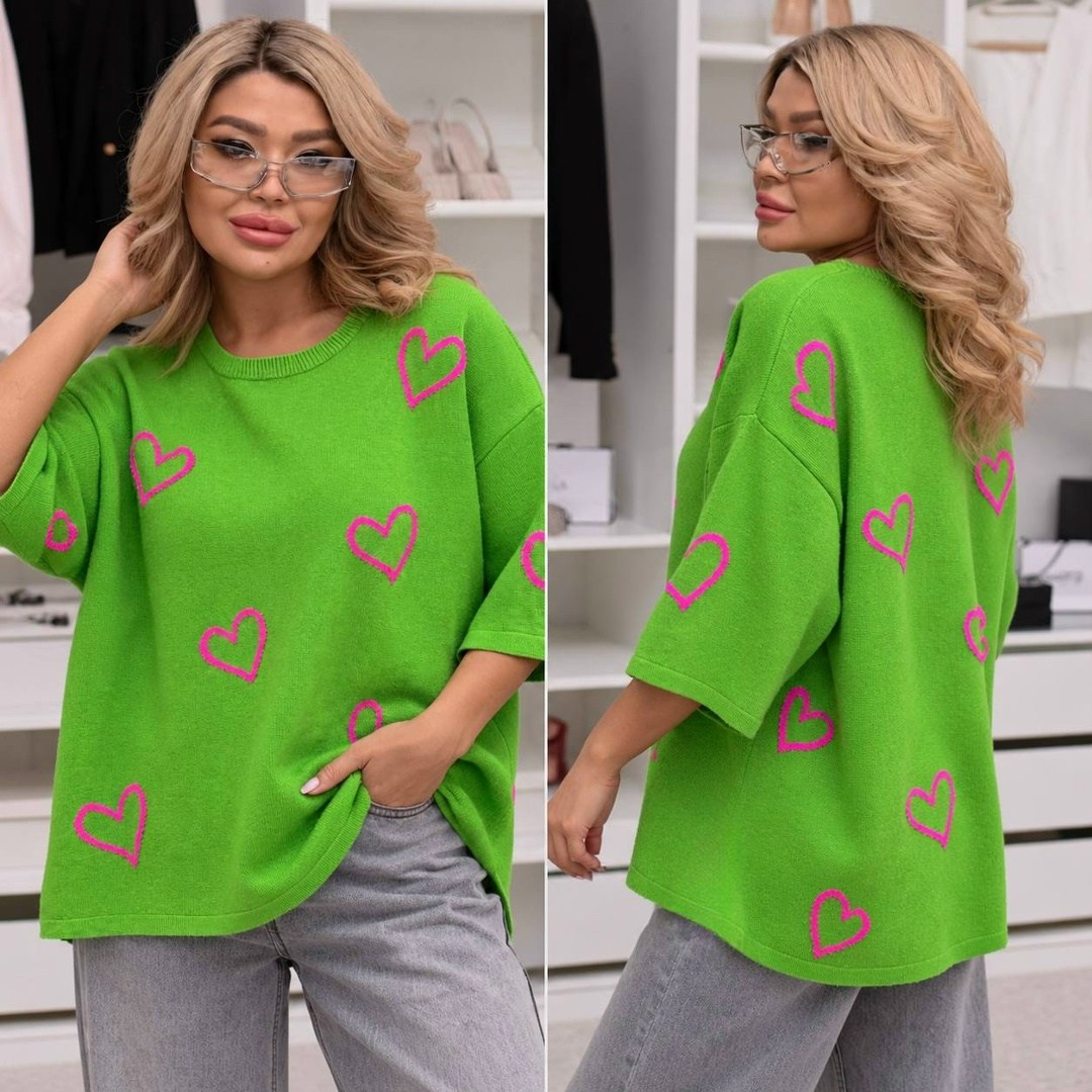 свитер вязаный оверсайз с притом 3d с сердцем кк fashion,кофта женская,джемпер оверсайз,свитер,женский свитер
